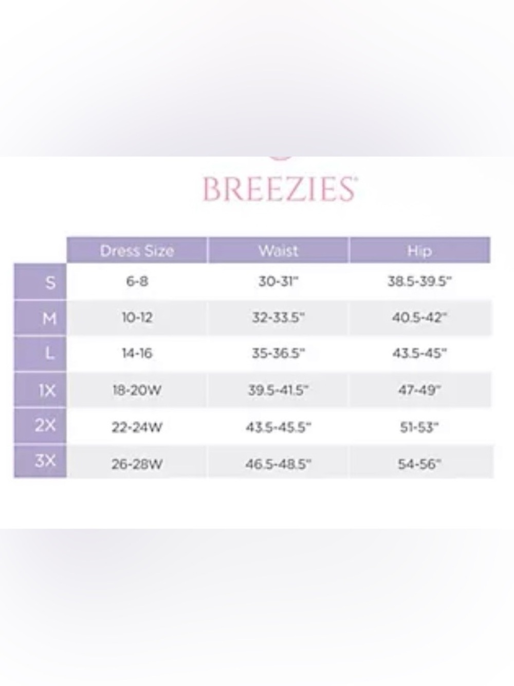 Breezies Long Line Panty Size Chart